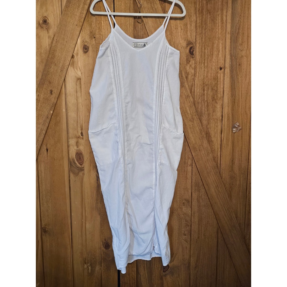 Sea Spice Midi Dress M Natural White Cotton Resort Spaghetti Strap Pocket #776